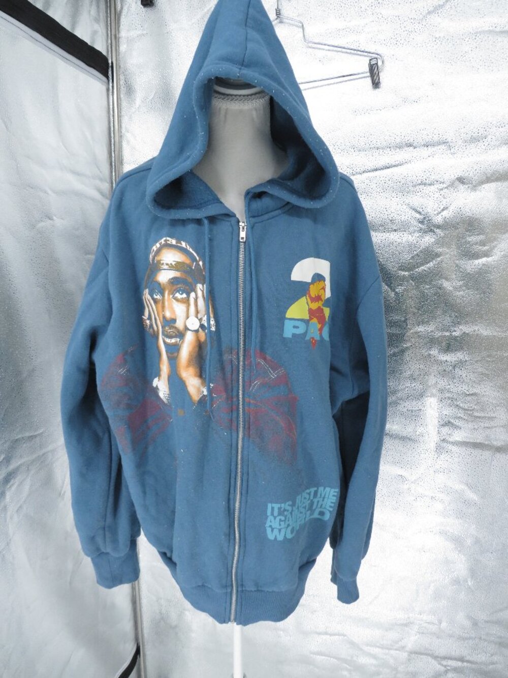 2Pac Shakur Graphic Full Zip Hoodie Blue XL Rap Hip Hop Streetwear Y2K sweatshrt